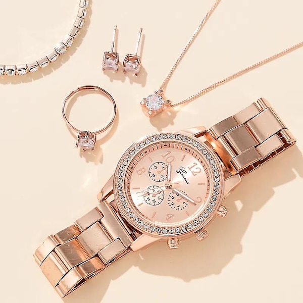 6 stk. Gaveæske Kvinders Ur Ring Halskæde Øreringe Rhinestone Smykkesæt Julegave Valentinsdag Gave Rose Gold Style 1