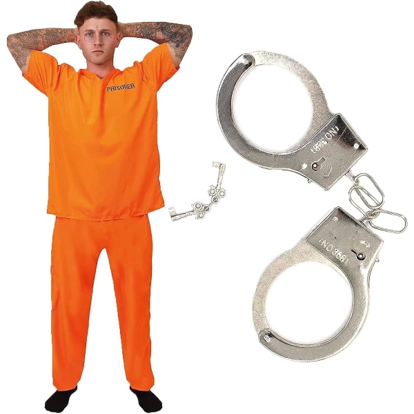 Aikuisten unisex vankien asu hihansuilla - oranssi vankitoppi,  yhteensopivat oranssit housut, rekvisiittakäsiraudat Poliisit ja rosvot,  Halloween-mekko 5a43 | Fyndiq