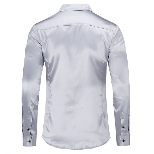 Sliktaa Herre Casual Fashion Shiny Langermet Slim-Fit formell skjorte Gray 2XL