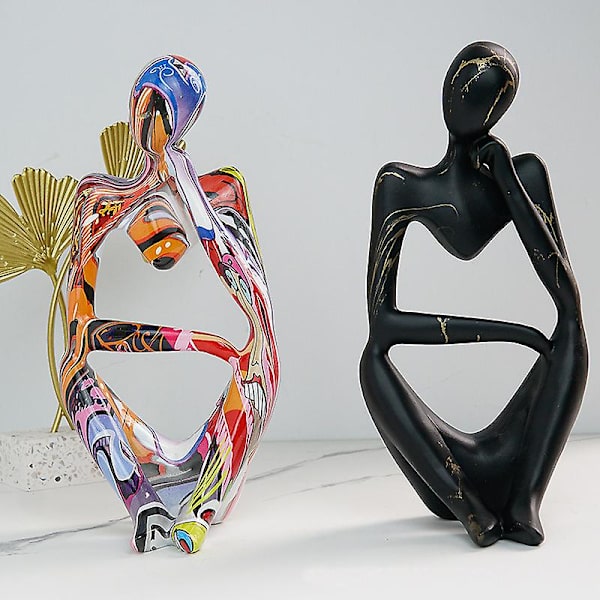 Farverige Graffiti Abstrakt Harpiks Håndlavet Håndværk Skulptur Tænker Figur Statuette Hjem Dekoration Indvendig Kontor Skrivebord Pynt Black Thinker Middle 24x13x10cm