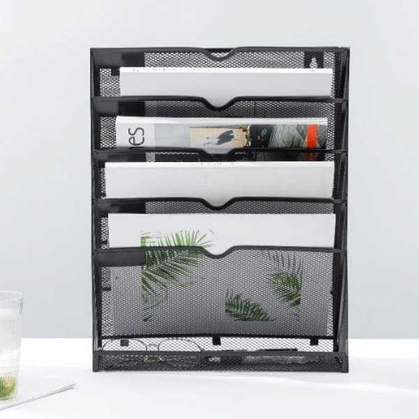 5-Layer Wall File Holder Vertical Placement Glossy Edges Wall Mounted File Holder with Hanging Hole for Office Black