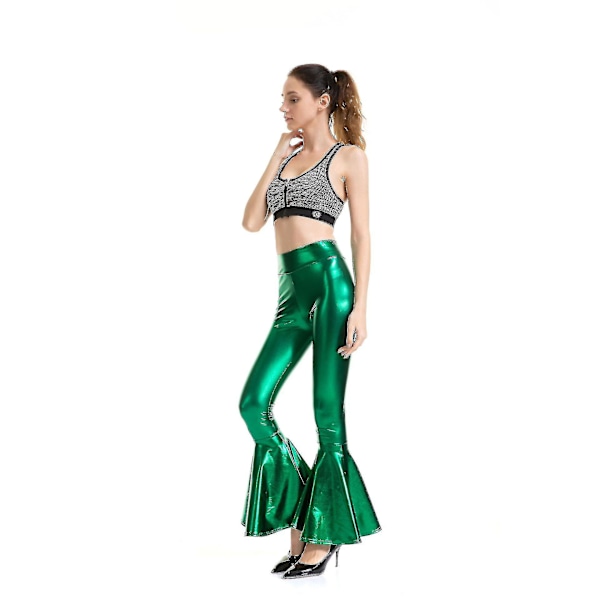 Kvinnors Flared Byxor Mermaid Wide Leg Byxor Hippie Metallic Byxor_fs Green XL