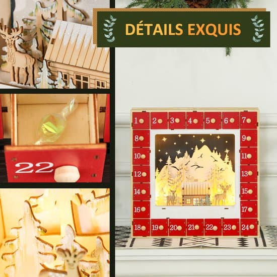 LED-adventskalender - Juledekorasjon i tre - 24 fyllbare rom - Belyst dekorasjon - Rød