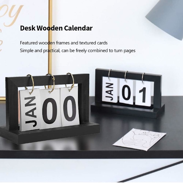 Träkalender Studie Dekorationer Trä Flip Kalender Hem Svart Skrivbord Kalender Prydnad Kontor Enkelt Retro Liten Trä Papper