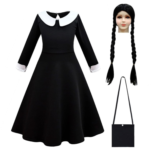 2023 Ny Cosdaddy Wednesday Addams Familie Cosplay Kostyme Kjole Barn Jenter Svart Kjole Parykk Halloween Kostyme dress-wig-bag 150
