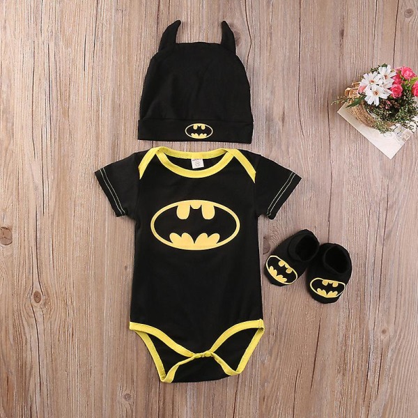Toddler Baby Batman Romper Indoor Shoes Beanie Hat Set Newborn Kläder Outfit Black Batman A 18-24 Months