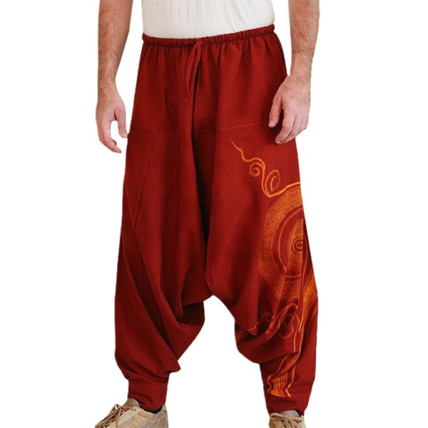 Menn Yoga Bukser Bohemia Style Plisserte Oversized Special Harem Bukser Red 3XL