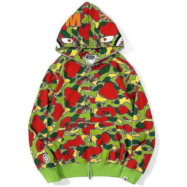 Shark Ape Bape Hoodie Camo Print Polyester Trøje Casual Løstsiddende Lynlås Hoodie Jakke Til Mænd Kvinder Green camouflage XL