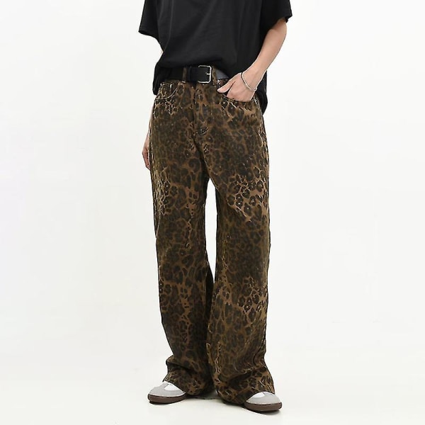 Tan Leopard Jeans Dame Denim Bukser Kvinde Oversize Wide Leg Bukser XL