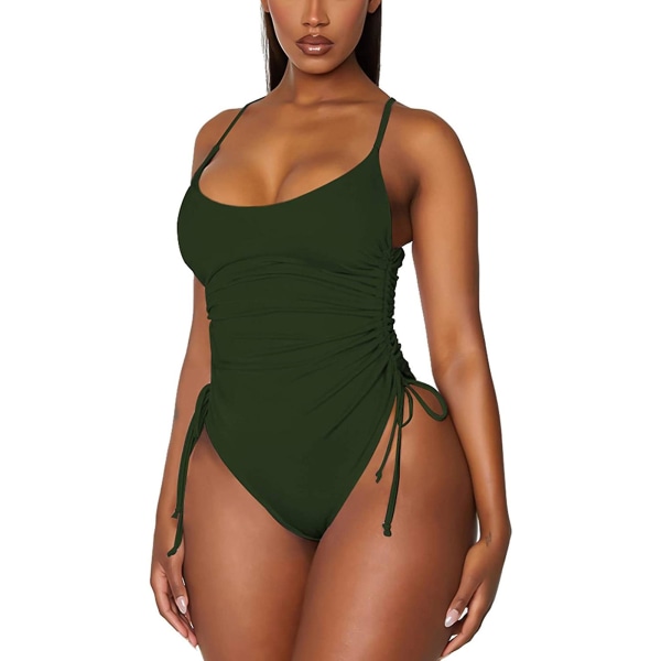 Dames Rynket Højbenet Badedragt Tummy Control Monokini Bikini Army green M