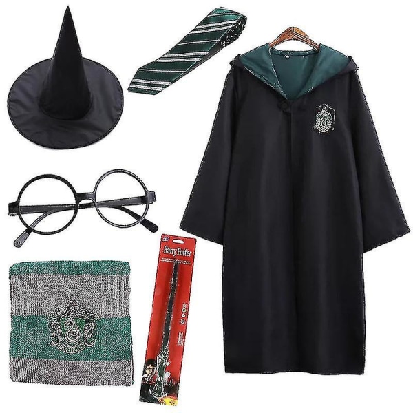 7 stk/sæt Til Magic Wizard Fancy Dress Cape Cloak Hogwarts Skolekostume 6Pcs Green Kids 155