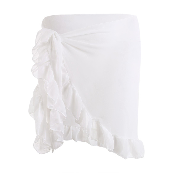 Tunna Mesh Mini Ruffle Kjolar Kvinnor Omslag Tassel Klänning Bikini Badkjol Kvinnor Baddräkt Strandkläder Wrap White