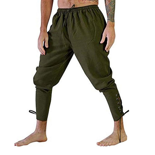 Miesten nilkkanauhahousut Kiinteät keskiaikaiset Viking Navigator Pirate Costumes -housut Army Green 2XL