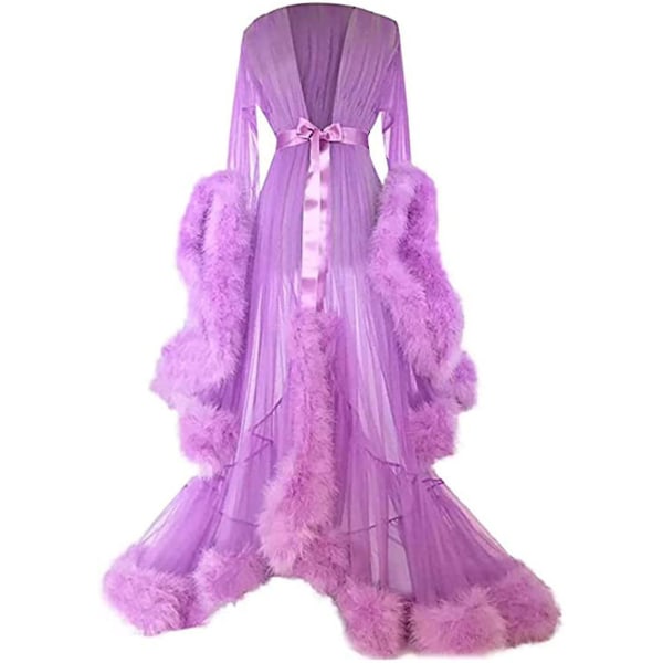 Kvinders slæbende lange kjole med fjerudsvingede ærmer, perfekt til polterabend Lavender L