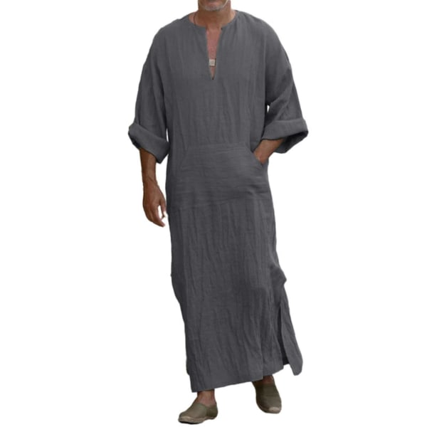 Herre arabiske muslimske Long Robe Clothes Casual Midtøsten Islamsk Thobe Kaftan Robes Grey L