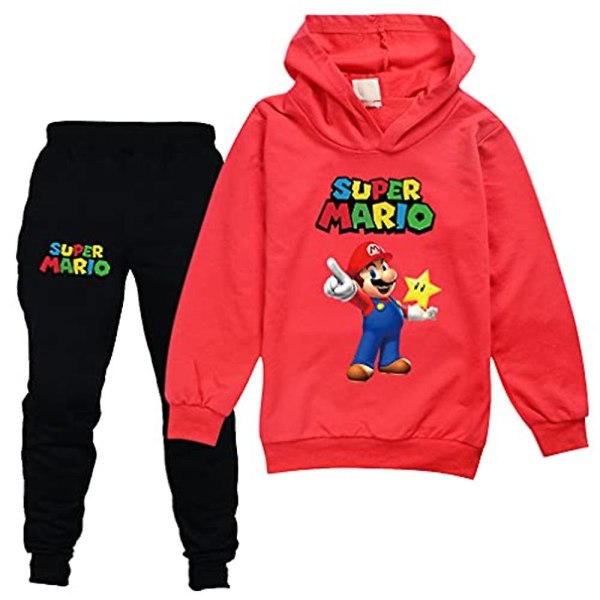 Barn Gutter Jenter Super Mario Print Treningsdress Set Hettegenser Genser Pullover Topper Joggerbukser Antrekk Red 11-12 Years
