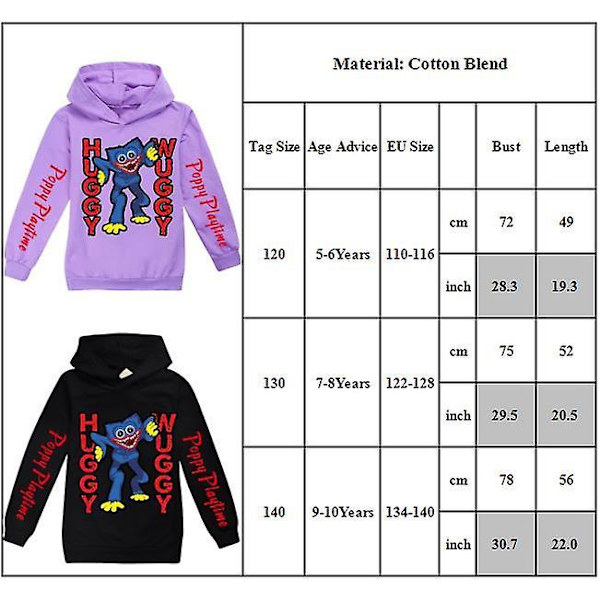 5-10 år Poppy Playtime Huggy Wuggy Trykk Barn Gutter Jenter Hettestrikket Topper Purple 7-8 Years