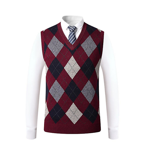 Yynuda Herrar Cashmere Pullover Ullblandning Ärmlös Stickad V-ringad Tröja Wine red 2XL