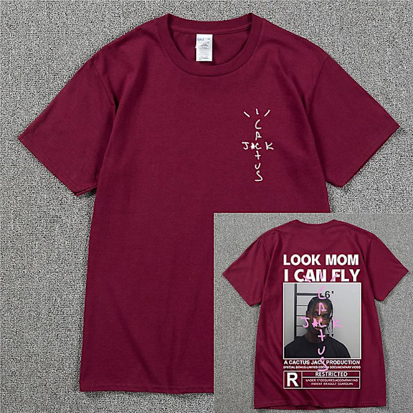 HOT Cactus Jack T-shirt 2022 Sommer Mænd Kvinder LOOK MOM I CAN FLY Tee ASTROWORLD Hip Hop Kortærmet T-shirts Wine Red 1 XL