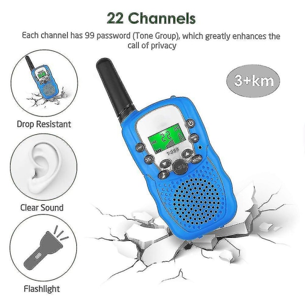 Barne-Walkie Talkies 3-pakning, 3 Miles Lang rekkevidde med bakgrunnsbelyst LCD-lommelykt Walkie Talkie--