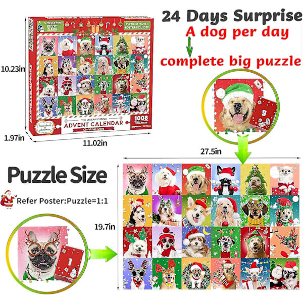 Puslespil Julekalender 2023, 1008 Brikker Julehunde Puslespil, 24 Dages Jule Nedtælling Julekalendere, Julegave