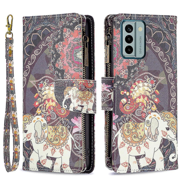 Nokia G22 Bf03 vetoketjutaskulle nahkaiselle phone case kuviotulostus cover Taitettava jalustan kansi Flowers and Elephant