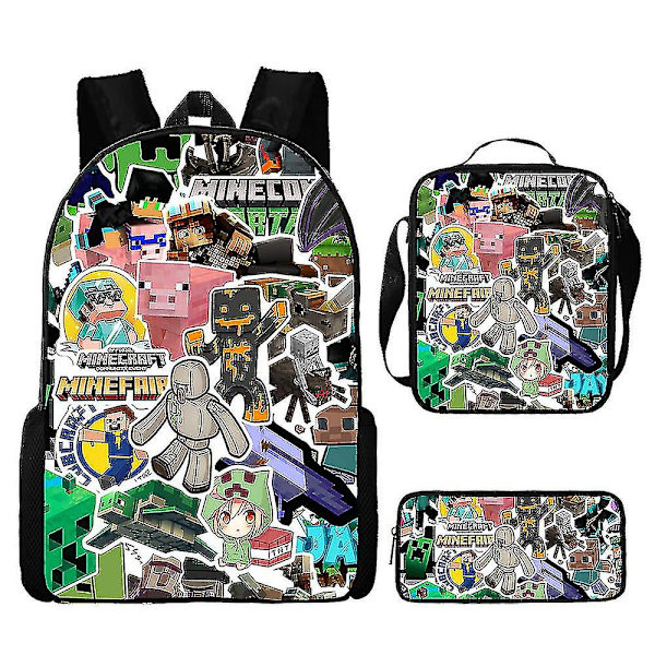 Minecraft Primär- och Sekundärskolväskor Minecraft Spel Perifer Backpack Tredelad Set V