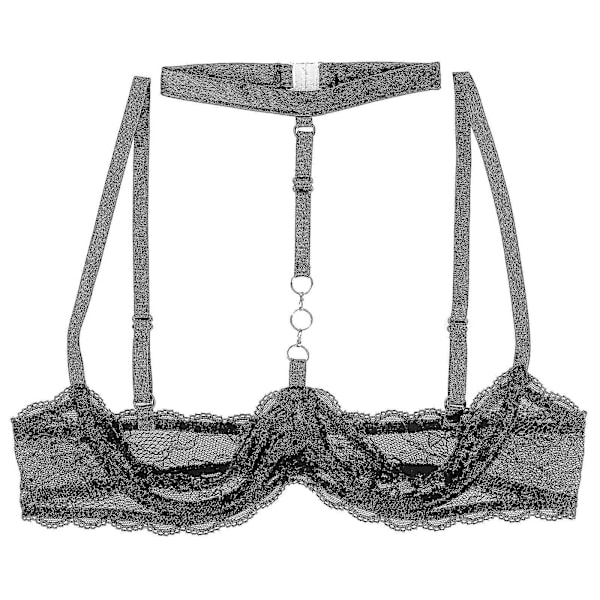Damunderkläder, spetsbh med bygel, halterhalsband, O-ring, push-up, genomskinlig, Xinmu Black C 4XL