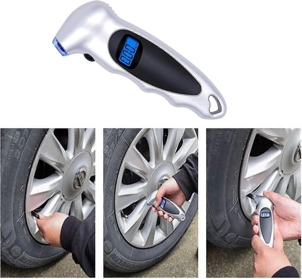 Dæktryksmåler, Digital Dæktryksmåler, 150 Psi 4 Parametre, Dæktryksmåler Med 4 Ventilhætter Og Dybde Til Bil Motorcykel Cykel, Sølv