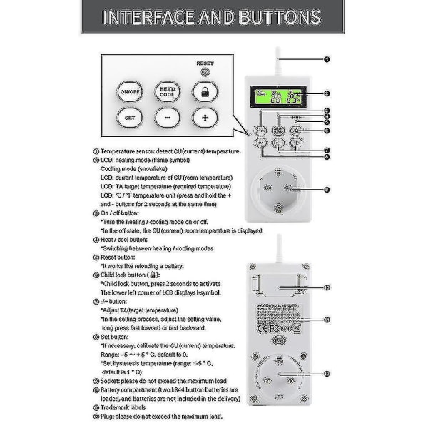 Programmerbar trådløs stikkontakt-termostat med temperaturstyring - Opvarmning og afkøling - Indbygget temperatursensor med LCD-baggrundsbelysning