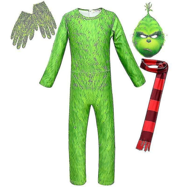 Julegrinch Barn Kostyme Fancy Dress Jumpsuit Hansker Skjerf Maske Antrekk I 7-9 Years