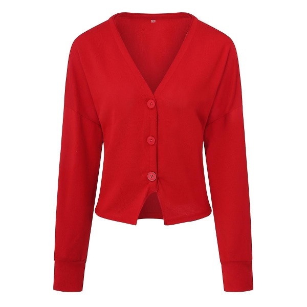 Bomuld Dame V-hals Fashion Design Løs ensfarvet Casual Cardigan 15 farver Red XL