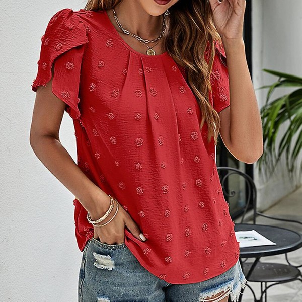 T-shirt dam T-shirt Chiffong med rund halsringning Polka Dots Tunika Blus Casual Petal-sleeve Tee Red XL