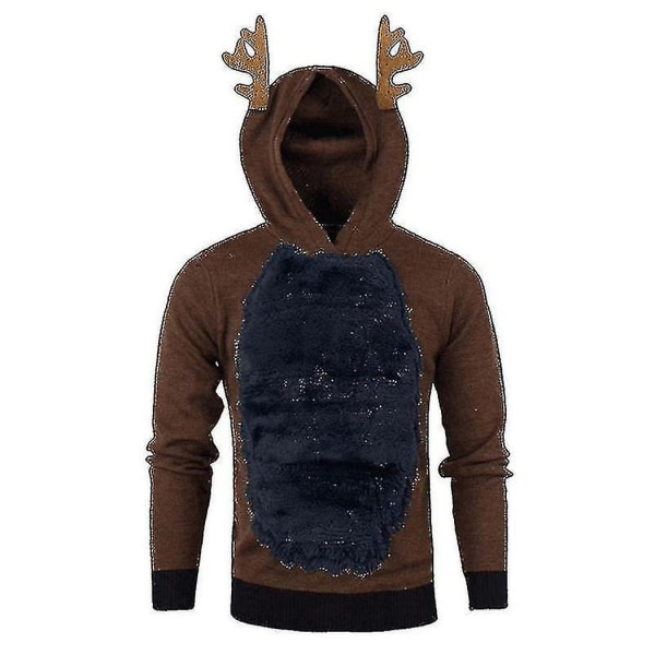 Mænd Christmas Hættetrøje Jumper Toppe Xmas Rudolph Reindeer Pullover Sweatshirt Coffee Blue 2XL