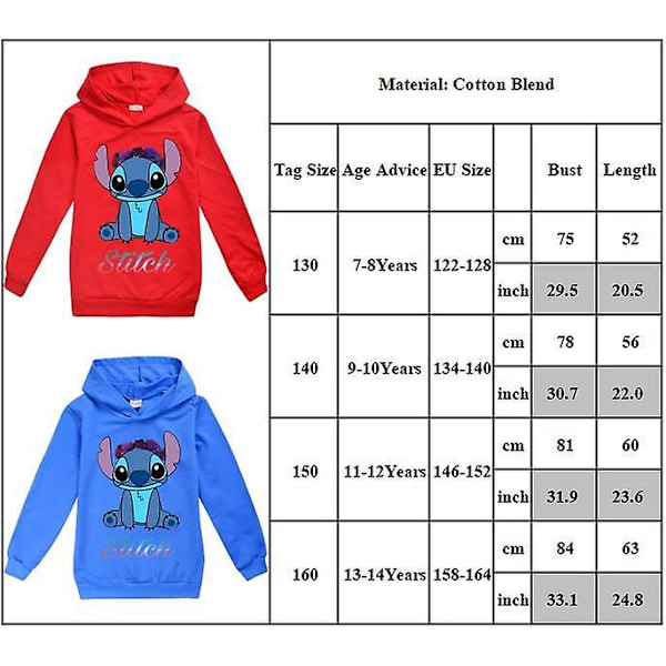 7-14 år Barn Gutter Jenter Lilo & Stitch Trykt Hettegenser Pullover Topper Rose Red 9-10 Years