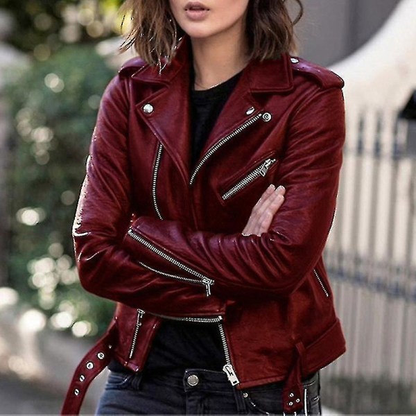 Solid Efterårs Kvinder Cykeljakke Kunstlæder Overtøj Lynlås Outfit Forår Efterår Kvinder Mode Kort Tynd Kvinde Jakke Frakke Hurtig Style A Wine Red XXL