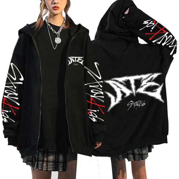 Stray Kids ATZ Sanger Hettegenser Løs Hettegenser Svart 9 Black 9 S