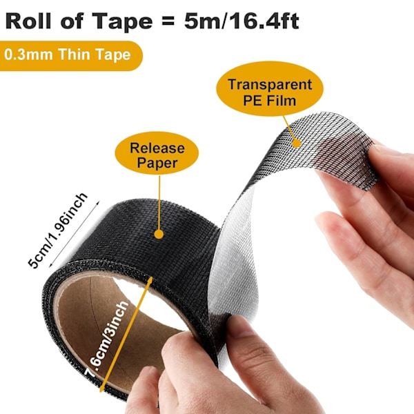 Vindusreparasjonssett, 1 rull skjermreparasjonssett for vindu eller dørskjerm Sterk selvklebende glassfiberskjermtape Skjermlappereparasjon Svart black 5CM*2M