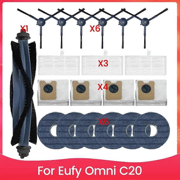 Tilbehørssæt til Eufy Omni C20 robotstøvsuger, hovedbørste, sidebørste, Hepa-filter, moppeklud, støvpose As Shown