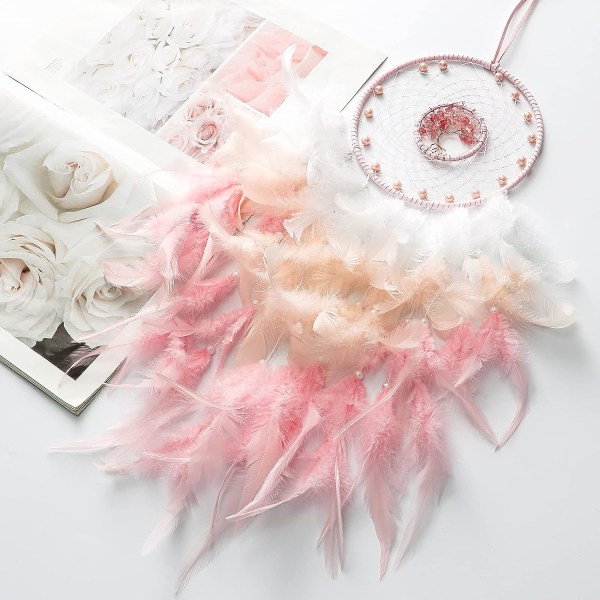 Livets tre Drømmefanger Pink Feather Dream Catcher Veggdekor med naturlig helbredelse Krystallstein Perfekt håndlaget hjemmeinnredning og soveromsdekor