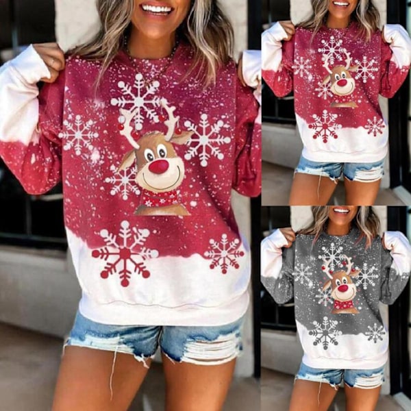 Jule-reinersweatshirt med trykk Casual polyesterblandingstoff med en viss stretch strikket stoff Dyreprint sports topp red 4XL