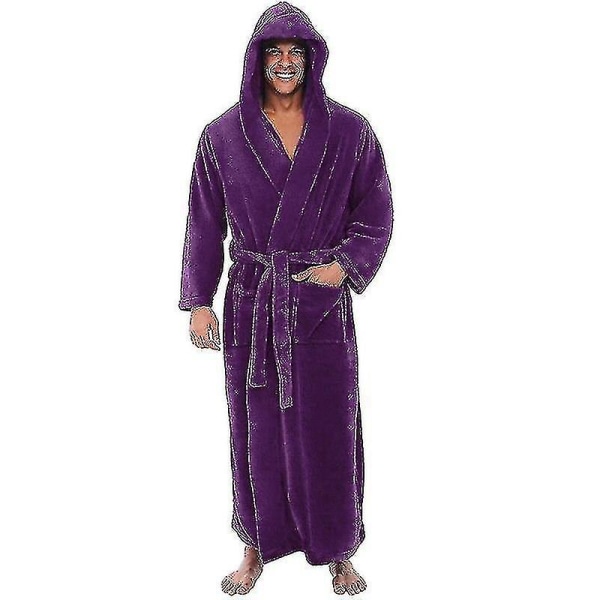 Flanell hanne med hette, tykk varm kappe, badekåpe ekstra lang kimono Purple M