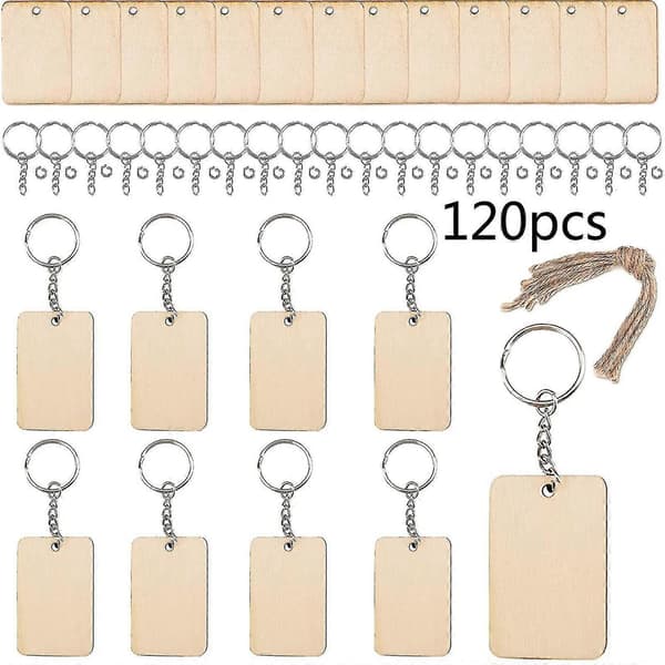 Blank Rectangular Shaped Wooden Keychain Set Of 120 Unfinished Wood Chip Keychains
