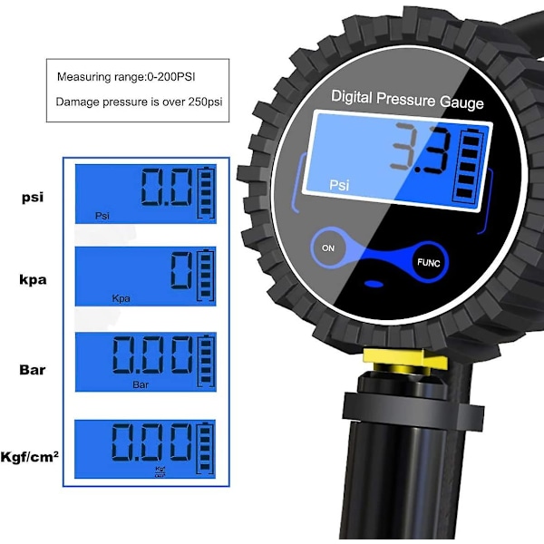 Digital Däcktrycksmätare 250 Psi, Högprecisions Digital Däcktrycksmätare Med Luftpump
