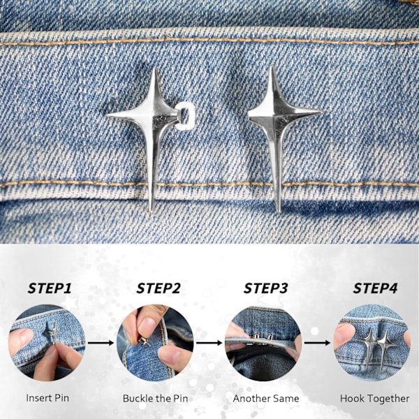 Par Jeans Knapper Pins, Fire Spiss Stjerne Design Stramme Midjeknapper, Justerbar og Syfri Metallbukse Midjestrammer Silver