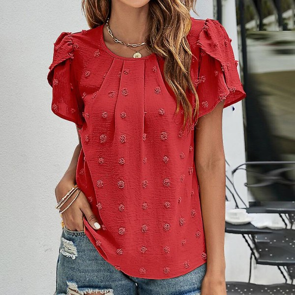 Dame T-shirt Chiffon toppe med rund hals med polka dots tunika bluse Casual T-shirt med kronblade Red L