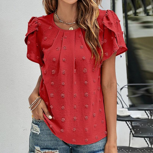 Damet-shirt med rund hals, Chiffon Top med Polka Dots, Tunika Bluser, Casual Bluser med Petal-ærmer Red M