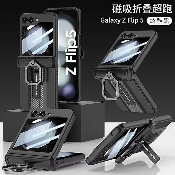 Robust Militær Drop Shockproof Etui til Samsung Galaxy Z Flip 5 med Beskyttelse af Hængsel & Ring Støttefod Black
