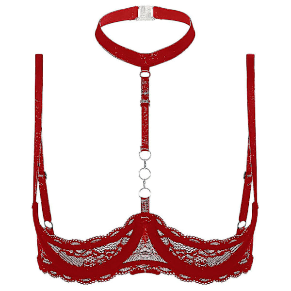 Damunderkläder, spetsbh med bygel, halterhalsband, O-ring, push-up, genomskinlig, Xinmu Red A S