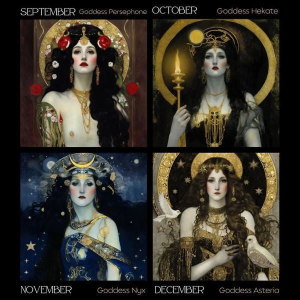 Dark Goddess 2024 Kalender Black Moon Phase Veggkalender Bohemian Gothic Pagan Room Calendar